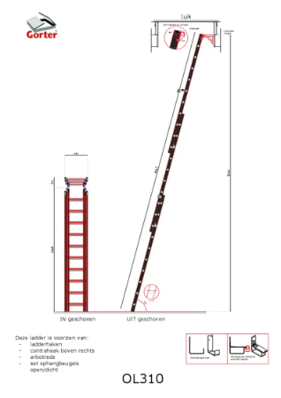 Gorter Ladder OL310 for Roof Hatch - max floor height 5945 mm – Technical 2D Drawing