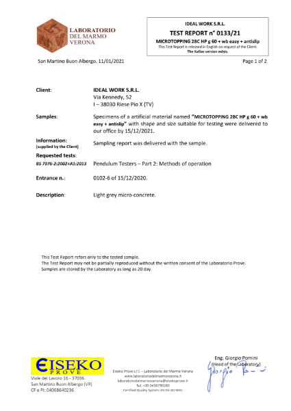 Test Report Slip Resistance: Microtopping® 2BC HP g 60 + wb Easy + Antislip