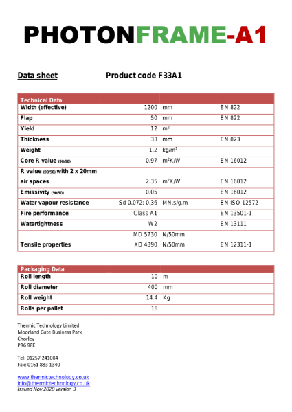 PhotonFrame-A1 (non-combustible) Technical Datasheet