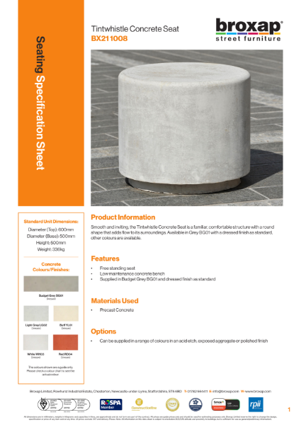 Tintwhistle Seat Specification Sheet