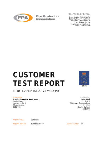 FPA Fire Test Report BS8414-2-2015+A1-2017 for Optima FC+, 3mm Ali PPC