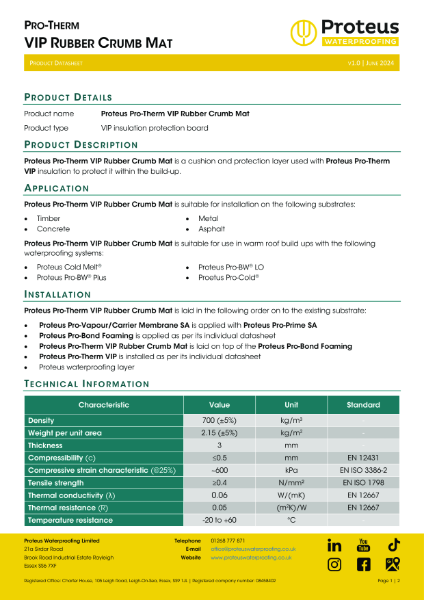 Product Data Sheet - Proteus Pro-Therm VIP Rubber Crumb Mat