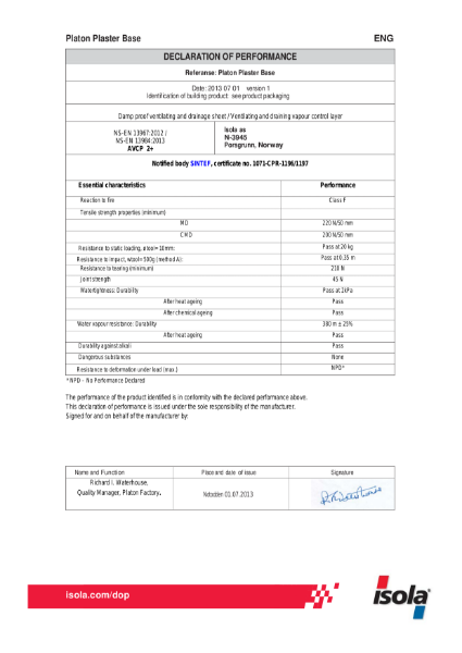 Platon Plaster Base Declaration of Performance