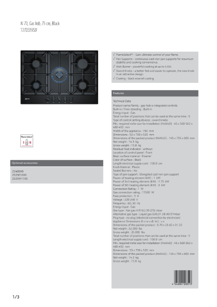 Black gas hobs T27DS59S0, Datasheet