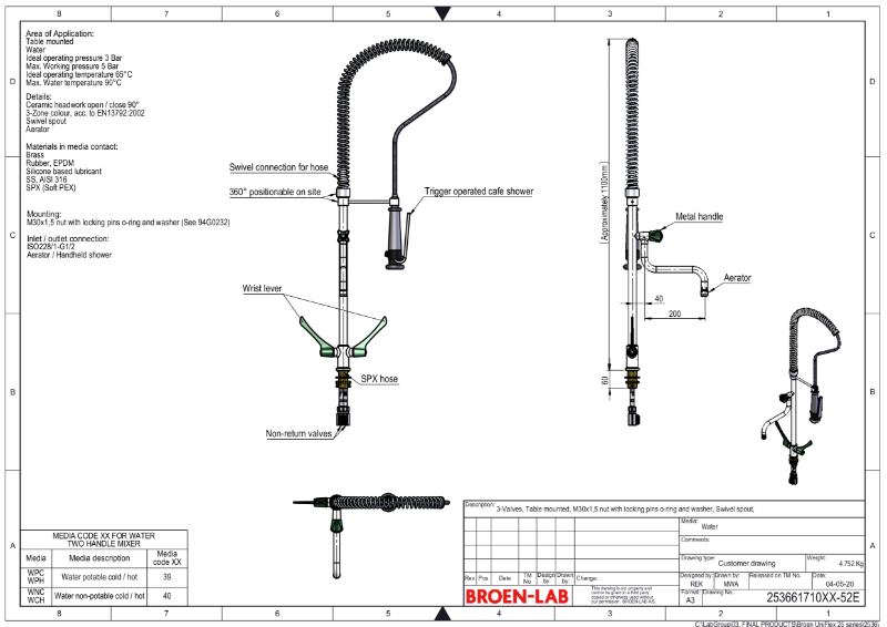 Table mounted catering mixer prerinse mixer with hand shower and swivel spout TDS