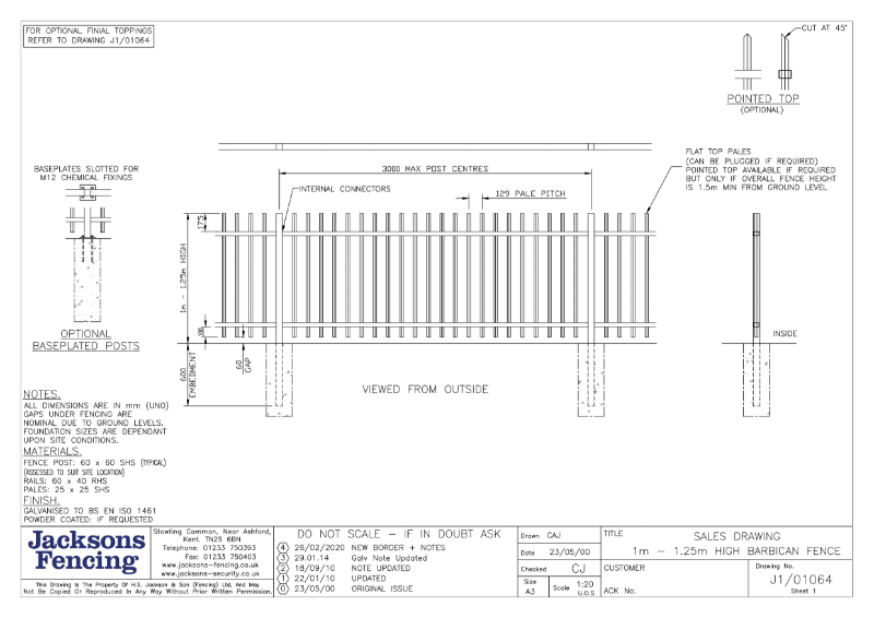 Drawing -  Barbican fence 1 m–1.25 m high