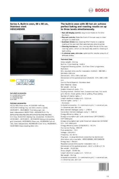 Series 4, Built-in oven, 60 x 60 cm,
Stainless steel
HBS534BS0B