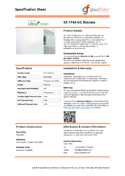SX-1740-UG Elevate Window Film - Product Data Sheet