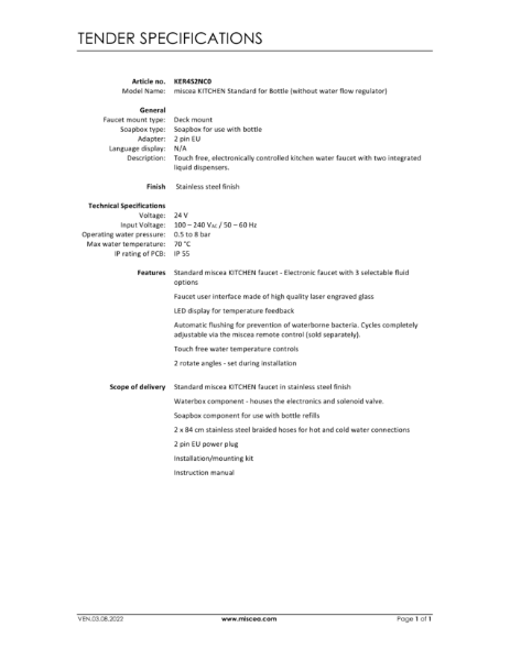 miscea KITCHEN Standard for Bottle (without water flow regulator) - Article no. KER4S2NC0