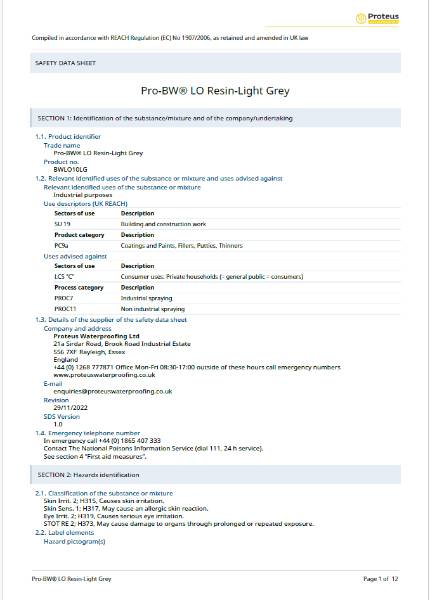 Safety Data Sheet - Pro-BW® LO Resin - Light Grey