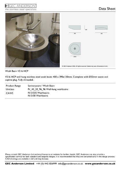 GEC Anderson Data Sheet - Wash Basin V216 HCP