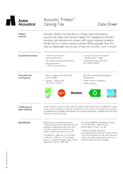 Acoustic Timber Ceiling Tiles Data Sheet