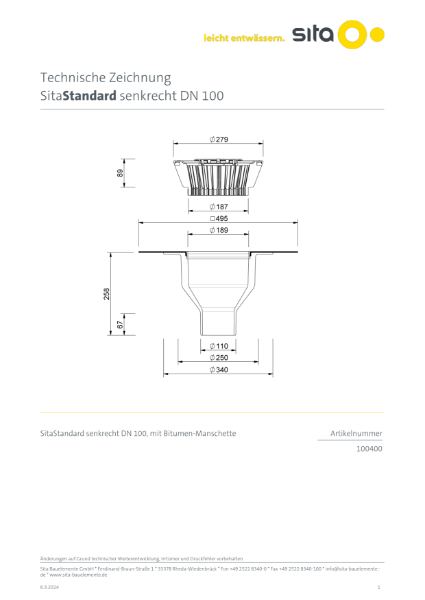 DN100 SitaStandard Vertical Roof Outlet - Technical Drawing