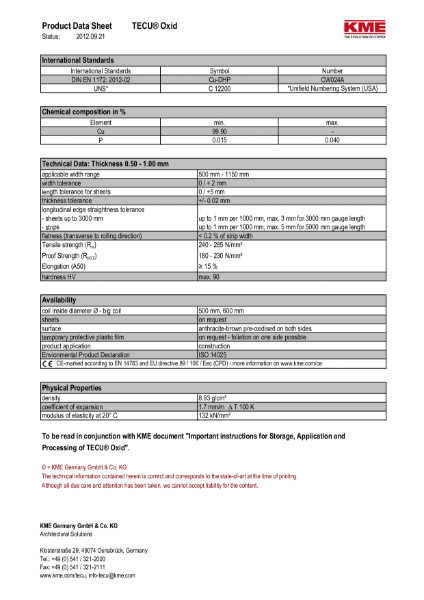 KME TECU Oxid Copper Datasheet