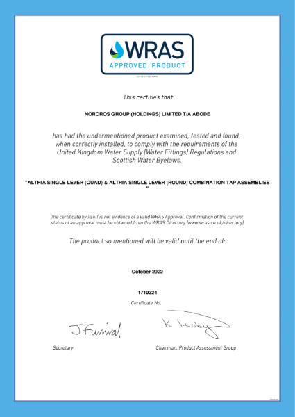 WRAS certificate - Althia Single Lever Kitchen Mixer Tap