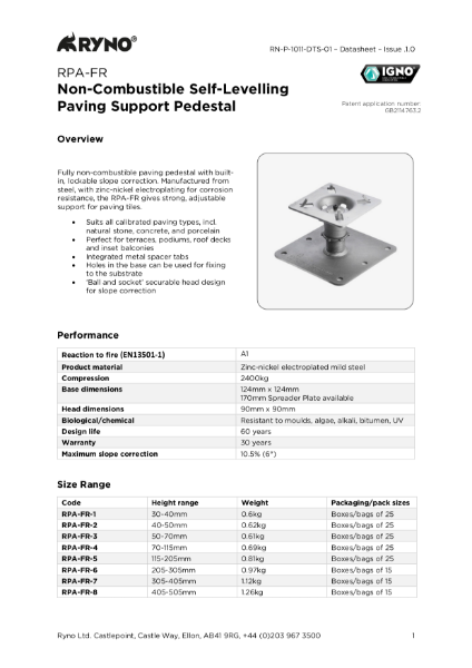 RPA-FR - Non-Combustible Self-Levelling Paving Support Pedestal - Datasheet
