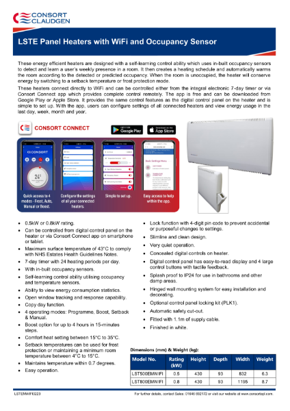 LSTE Panel Heater with Wi-Fi and Occupancy Sensor data sheet