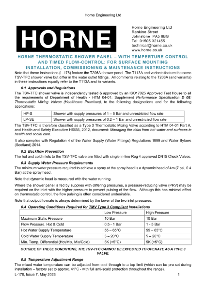Instructions - Horne TSV-TFC  Thermostatic T4/T9 Shower Panels