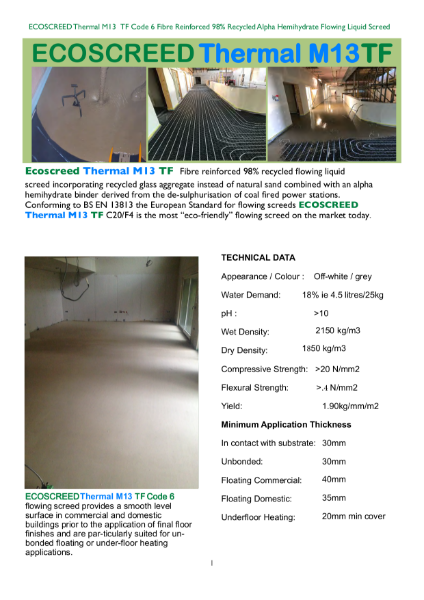 ECOSCREED Thermal M13 TF : 98% Recycled Fibre Reinforced Calcium Sulphate Flowing Screed