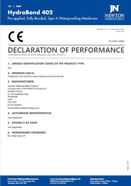 Newton HydroBond 402 Declaration of Performance