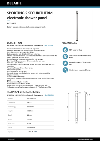 SPORTING 2 SECURITHERM electronic shower panel Data Sheet - 714906