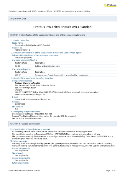 Material Safety Data Sheet - Proteus Pro-Felt® Endura AVCL