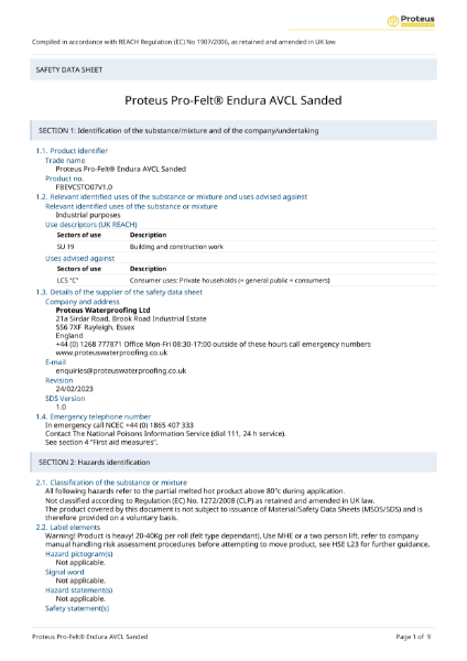 Safety Data Sheet - Proteus Pro-Felt® Endura AVCL