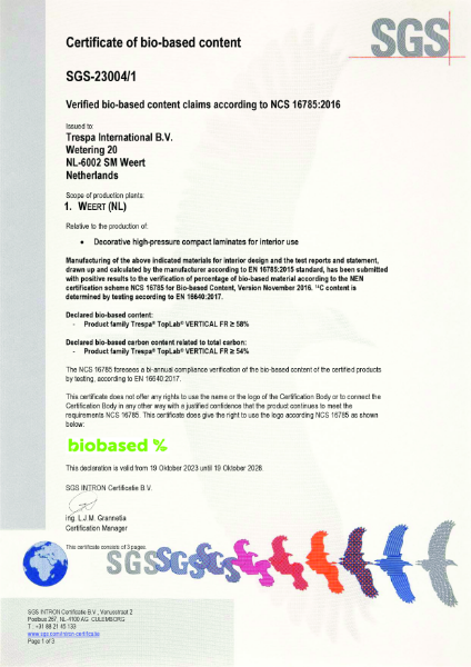 Certificate of bio-based content Trespa® TopLab® VERTICAL FR-grade