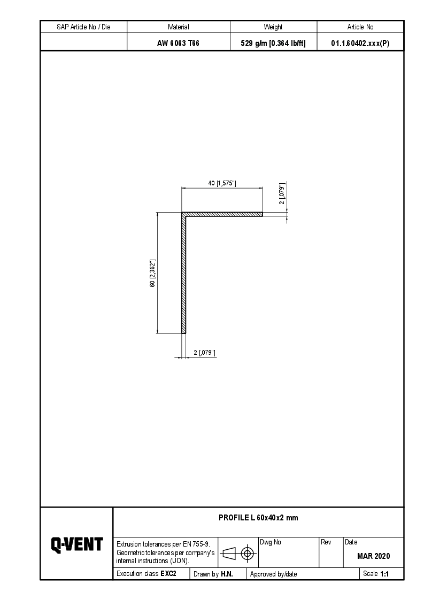 Q Vent - Profile L 60 x 40 x 2 mm - Technical Drawing