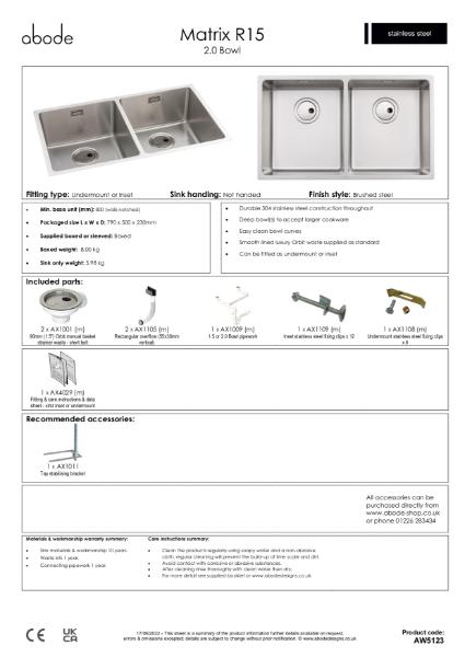 AW5123. Matrix R15 Stainless Steel Sink, Double Bowl - Consumer Specification