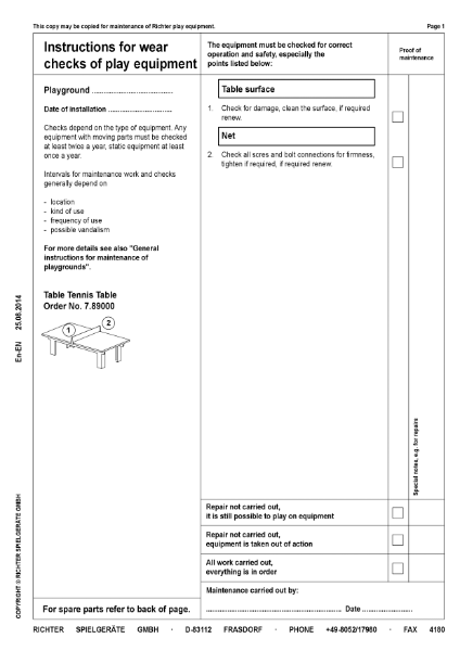 Timberplay Games - Table Tennis Table - Maintenance Instructions