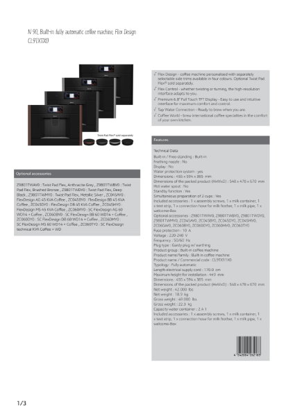 Compact 45cm Coffee Machine Black Trim, CL9TX11X0 Datasheet