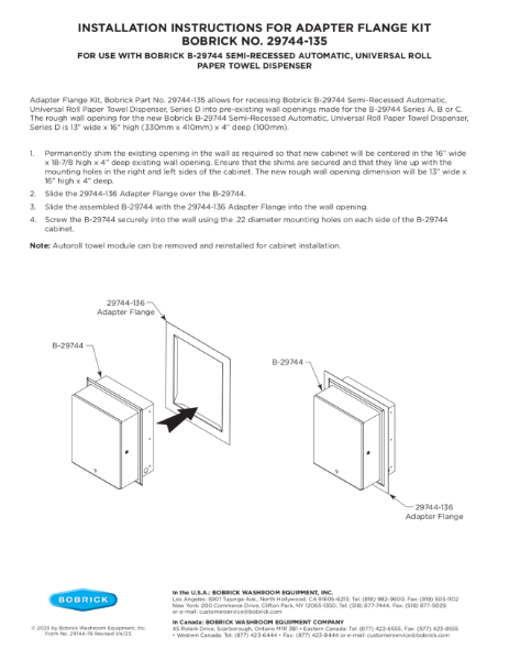 Installation Instructions - B-29744 semi-recessed automatic universal roll towel dispenser