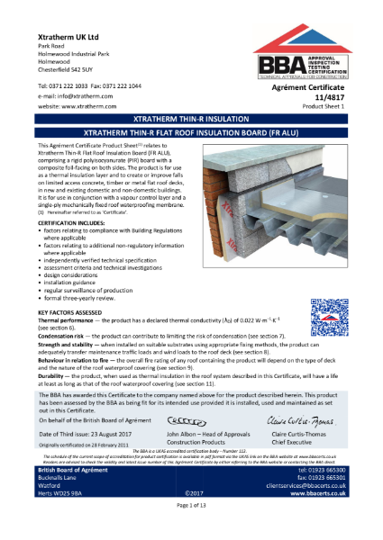 11/4817 Xtratherm Thin-R Flat Roof Insulation Board (FR ALU) (Product Sheet 1)