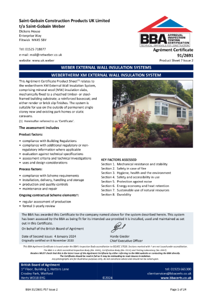 BBA Agrément Certificate (91/2691) Product Sheet 7 (webertherm XM with mechanically-fixed MFD for park homes)