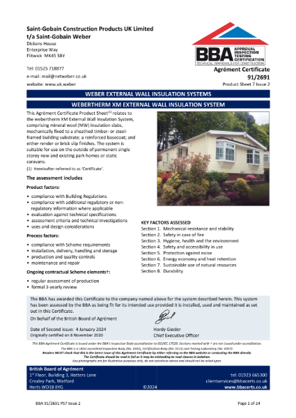 BBA Agrément Certificate (91/2691) Product Sheet 7 (webertherm XM with ...