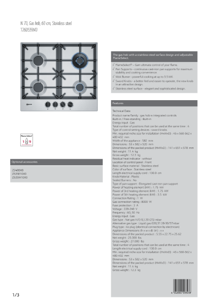 Stainless steel gas hobs T26DS59N0, Datasheet