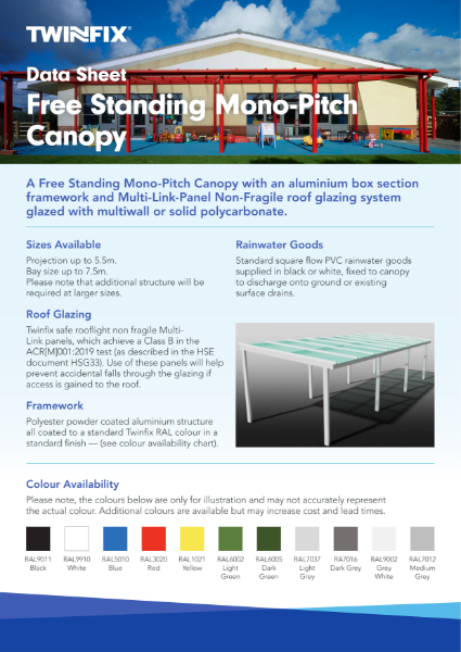 Free-standing Mono-Pitch Canopy Data Sheet