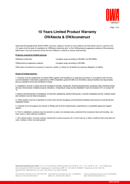 OWAtecta 10 year limited product warranty