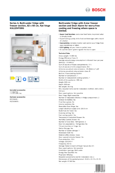 Series 4, Built-under fridge with
freezer section, 82 x 60 cm, flat hinge
KUL22VFD0G