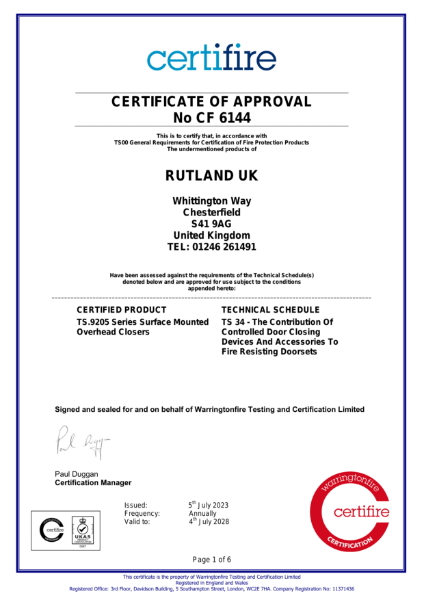 TS.9205 - BS EN 1634-1 Fire Test - Certifire Certificate