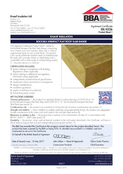 Knauf Insulation Rocksilk® Flat Roof Slab - BBA Certificate 08/4526