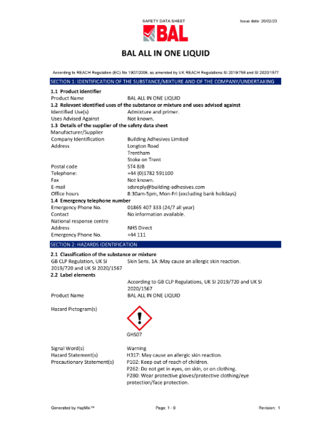 BAL All-In-One Plus Material Safety Datasheet