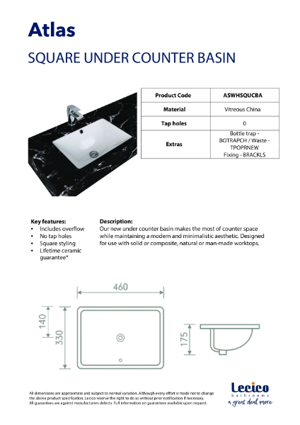 Atlas 46cm 0 Tap Hole Square Under Counter Basin