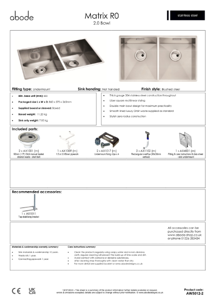 Matrix R0, Stainless Steel 2.0 Bowl - Consumer Specification