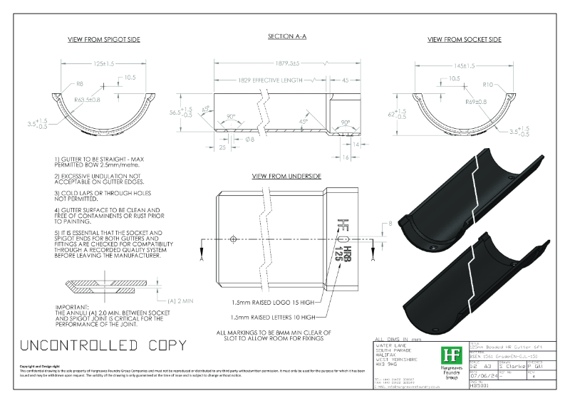 125mm Beaded Half Round Gutter Drawing