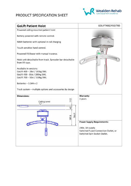GoLift Patient Hoist - Product Specification Sheet