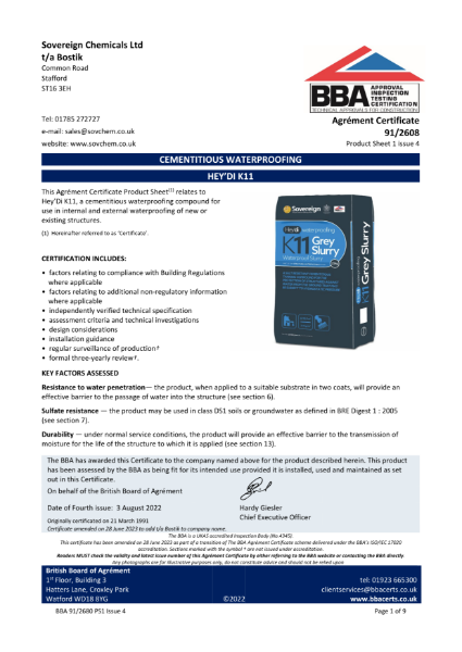 K11 Slurry BBA Certificate 