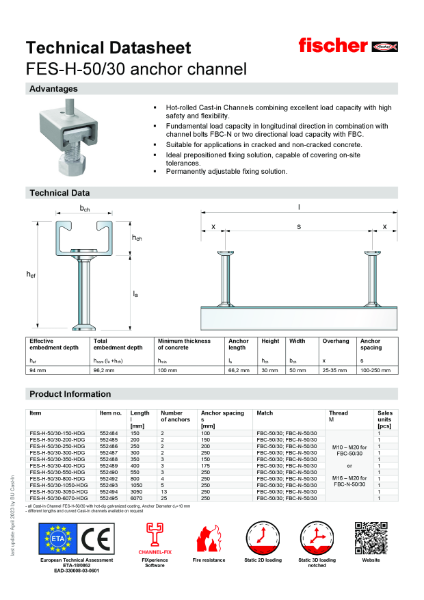 FES-H-50/30 anchor channel - Technical Datasheet