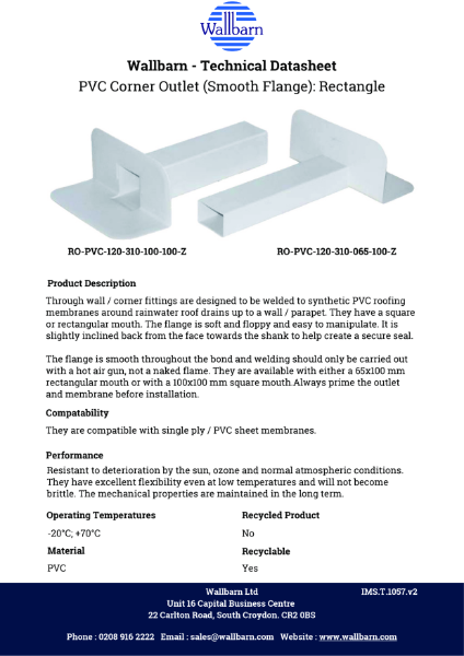 Datasheet - PVC Corner (Through Wall) Outlet Rectangle & Square Shank